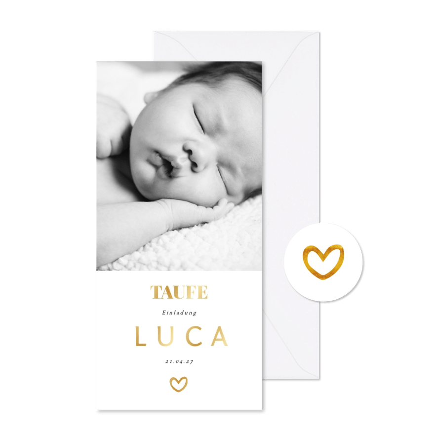 Fotokarte Taufeinladung goldenes Herz - Karteneindruck