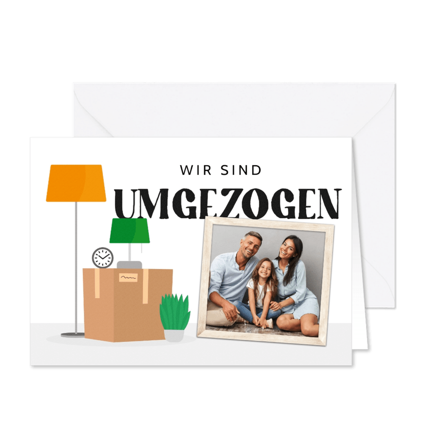 Fotokarte Umzug Lampen und Umzugskarton - Karteneindruck