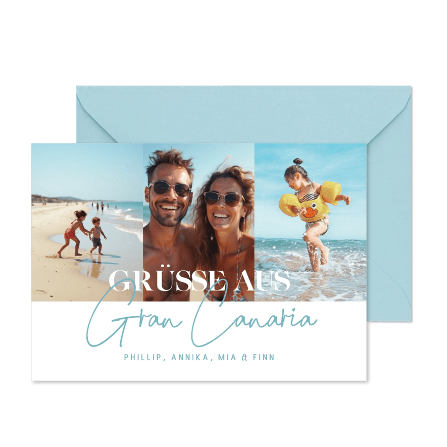 Fotokarte Urlaub 'Grüße aus ...' Hellblau - Karteneindruck
