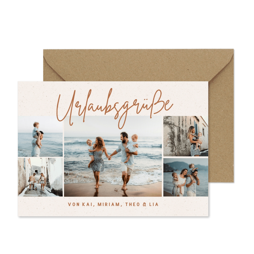 Fotokarte Urlaubsgrüße 5 Fotos als Collage auf Beige - Karteneindruck
