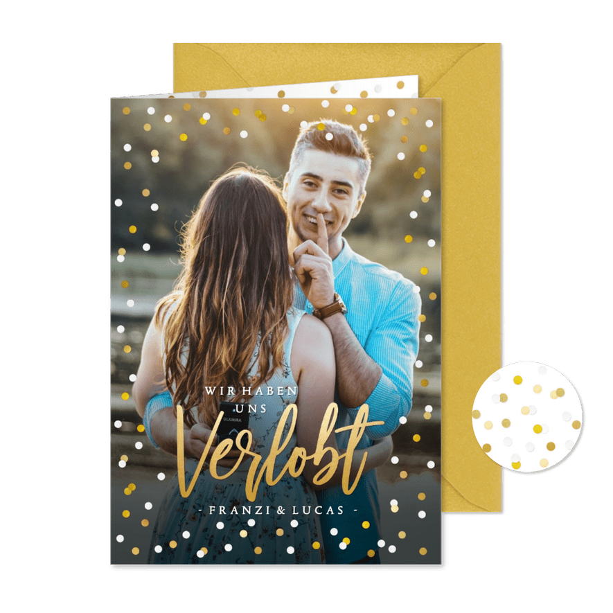 Fotokarte 'Verlobt' mit Konfettirahmen - Karteneindruck