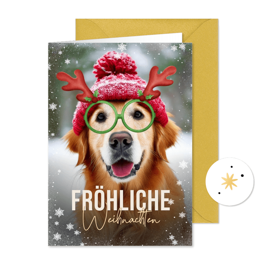 Fotokarte Weihnachten Hund mit Weihnachtsbrille - Karteneindruck
