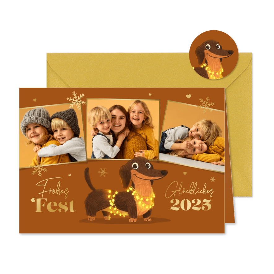 Fotokarte Weihnachten lustiger Dackel mit Lichterkette - Karteneindruck
