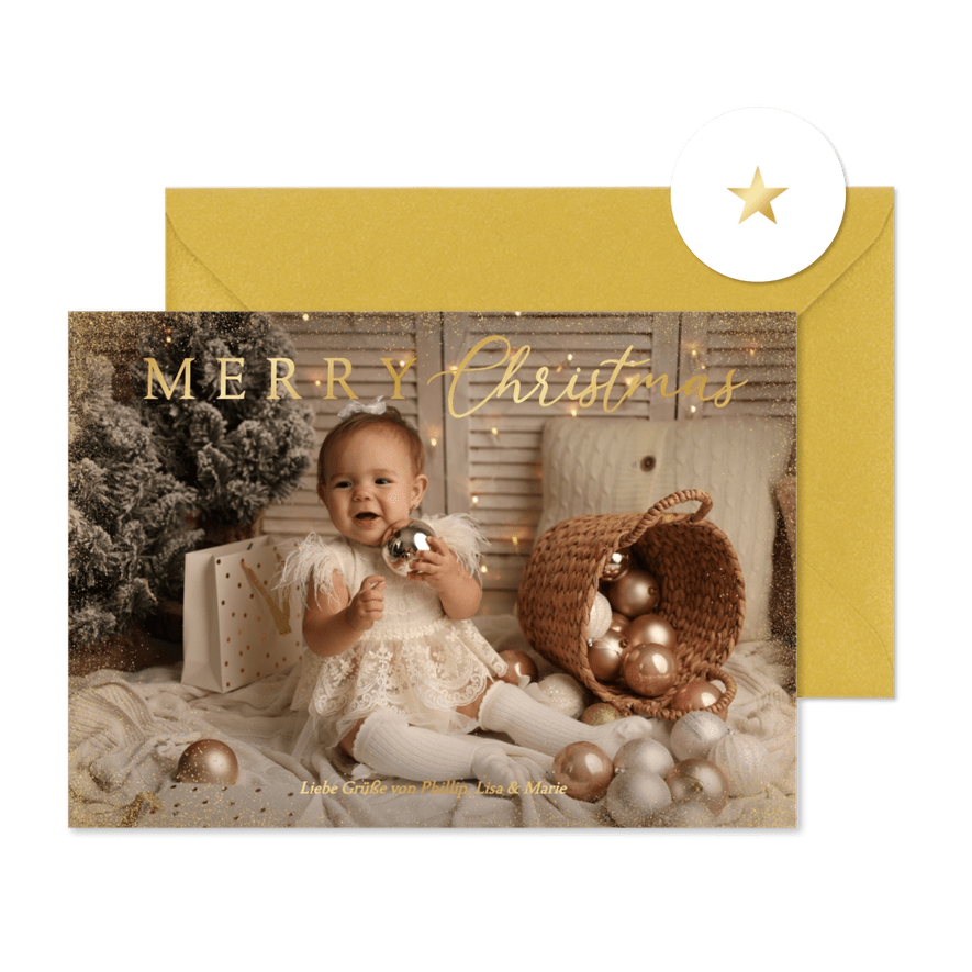 Fotokarte Weihnachten 'Merry Chistmas' Goldstaub - Karteneindruck
