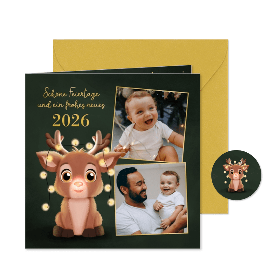 Fotokarte Weihnachten Rentier mit Lichterkette  - Karteneindruck

