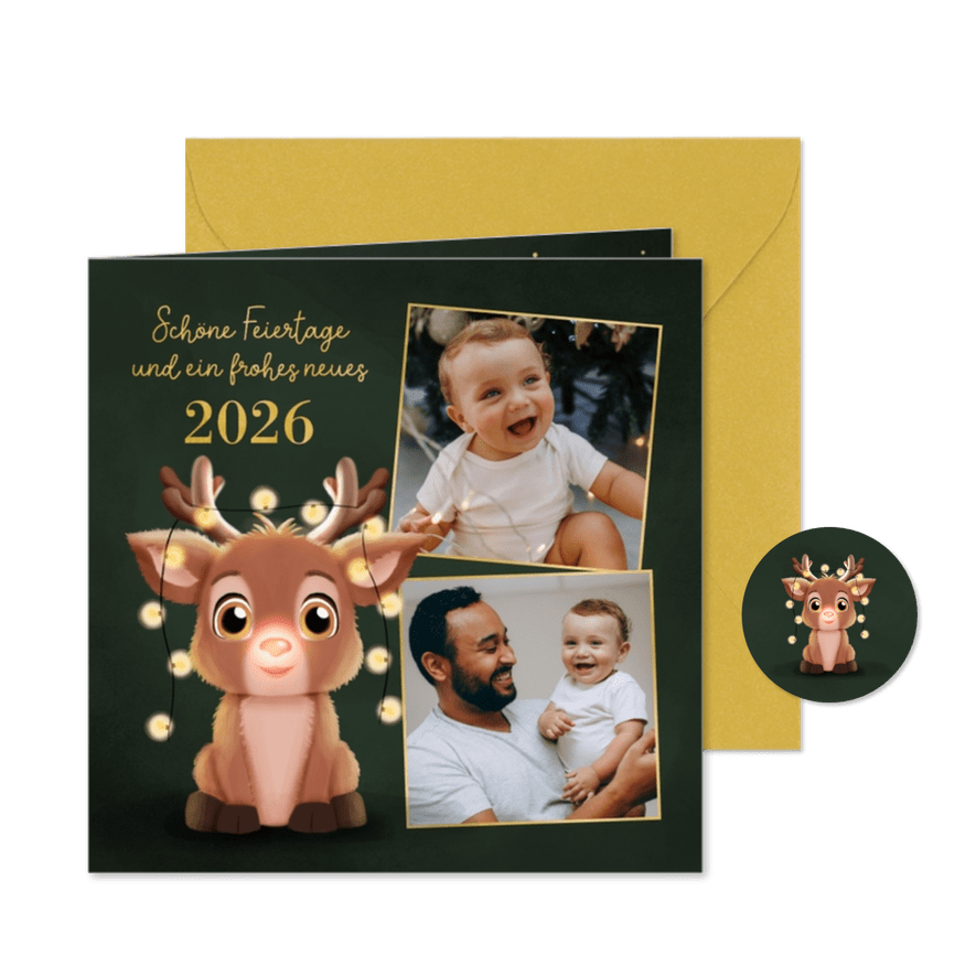 Fotokarte Weihnachten Rentier mit Lichterkette  - Karteneindruck
