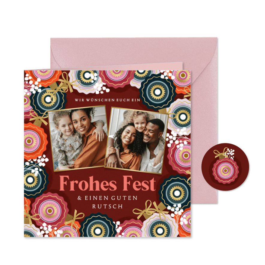 Fotokarte Weihnachtsgrüße Familie Weihnachtskugeln - Karteneindruck