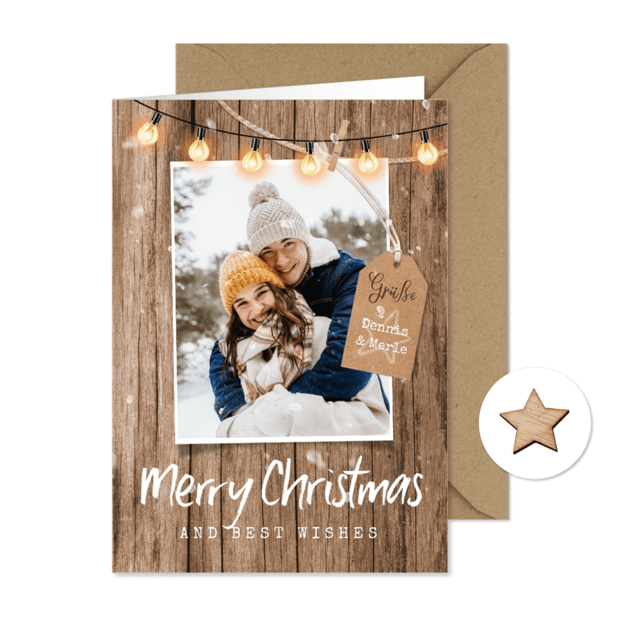 Fotokarte Weihnachtsgrüße Holzhintergrund - Karteneindruck
