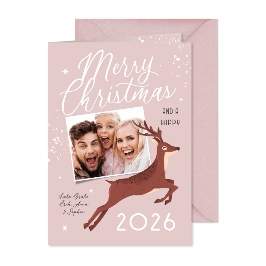 Fotokarte zu Weihnachten mit springendem Hirsch - Karteneindruck