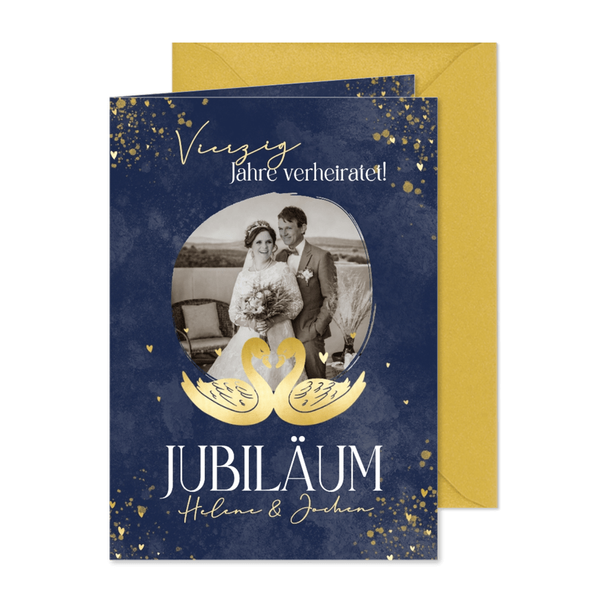 Fotokarte zum 40. Hochzeitsjubiläum goldene Schwäne - Karteneindruck