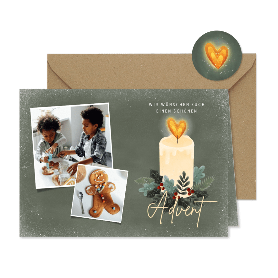 Fotokarte zum Advent Kerze mit Herzflamme - Karteneindruck
