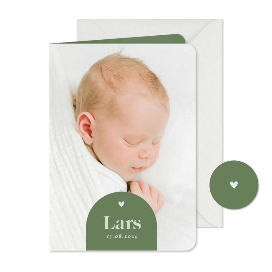 Fotokarte zur Geburt grüner Bogen mit Herzchen - Karteneindruck