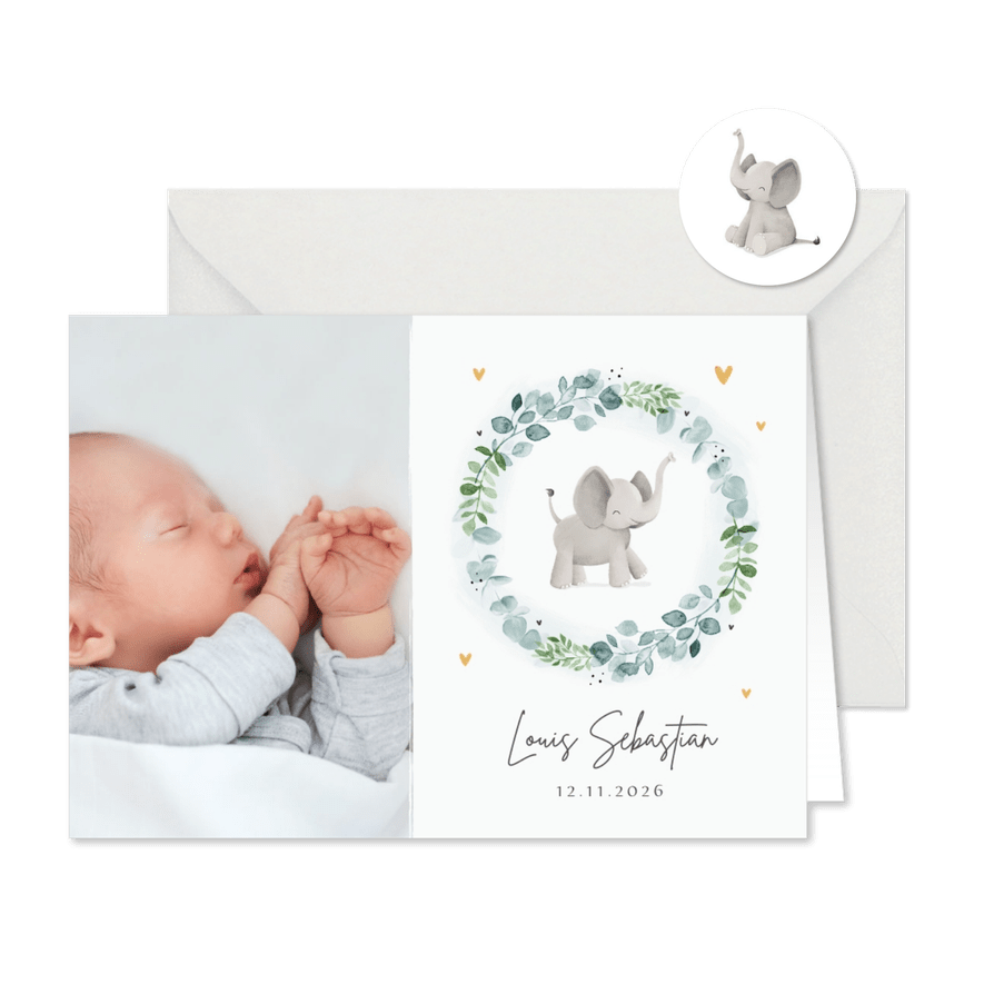 Fotokarte zur Geburt Kranz mit Elefant - Karteneindruck