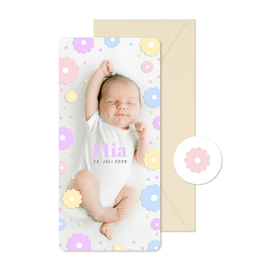 Fotokarte zur Geburt mit Pastellblumen Hochformat - Karteneindruck
