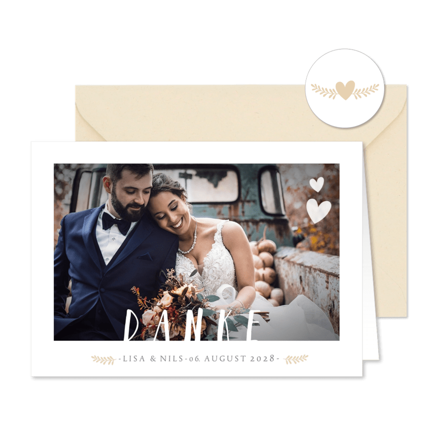 Fotokarte zur Hochzeit 'Danke' - Karteneindruck