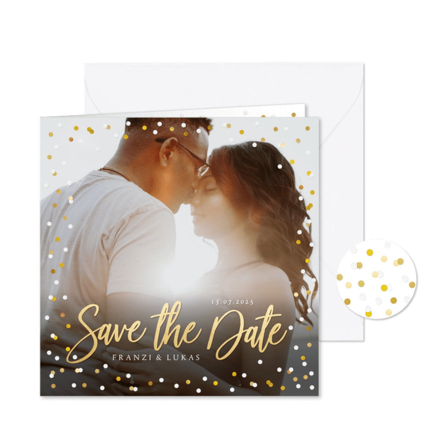 Fotokarte zur Hochzeit Save-the-Date Goldtext - Karteneindruck