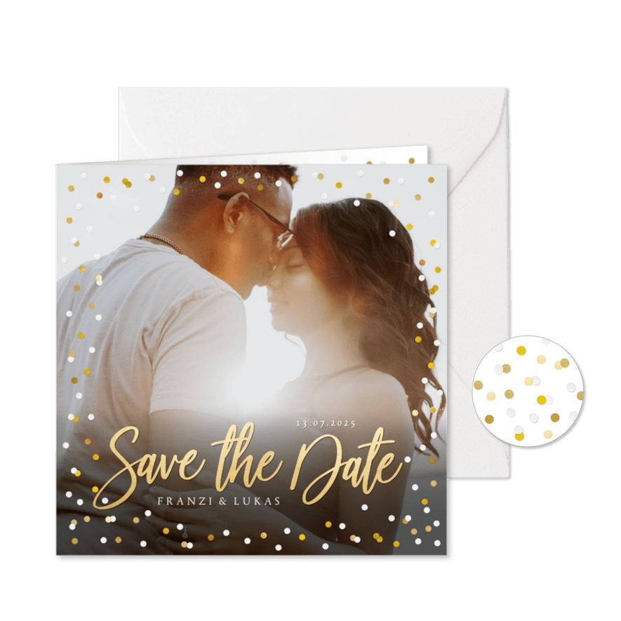 Fotokarte zur Hochzeit Save-the-Date Goldtext - Karteneindruck
