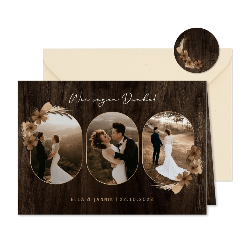Fotoserie-Dankeskarte Hochzeit Holz mit Trockenblumen - Karteneindruck