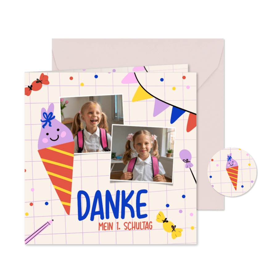 Fröhliche Danksagung zur Einschulung Fotos & Schultüte - Karteneindruck