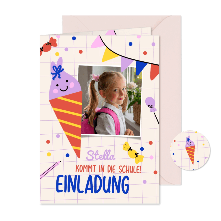 Fröhliche Einladung zur Einschulung Foto mit Schultüte - Karteneindruck