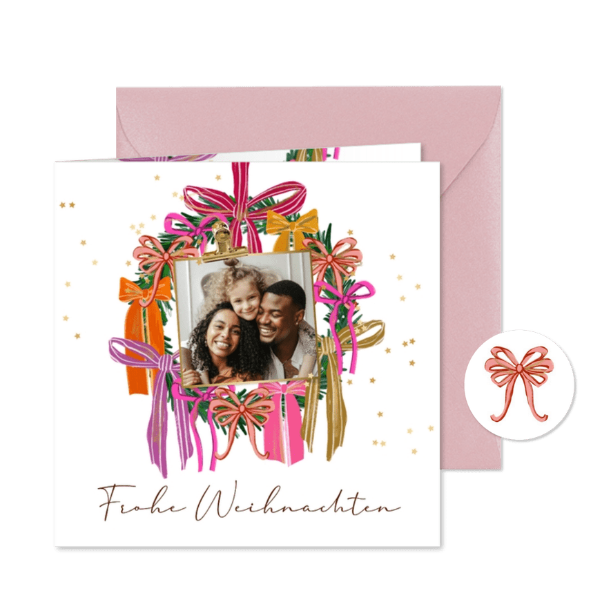Fröhliche Foto-Weihnachtskarte Kranz mit Schleifen - Karteneindruck
