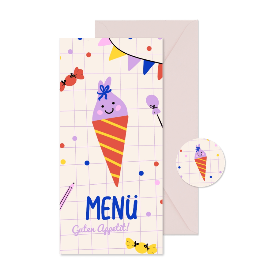 Fröhliche Menükarte zur Einschulung Schultüte & Girlande - Karteneindruck