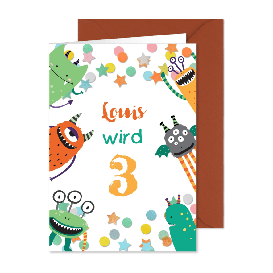 Fröhliche Monstereinladung zum 3. Kindergeburtstag - Karteneindruck
