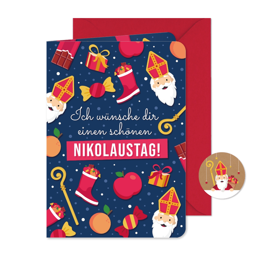 Fröhliche Nikolauskarte Geschenke Süßigkeiten Stiefel - Karteneindruck
