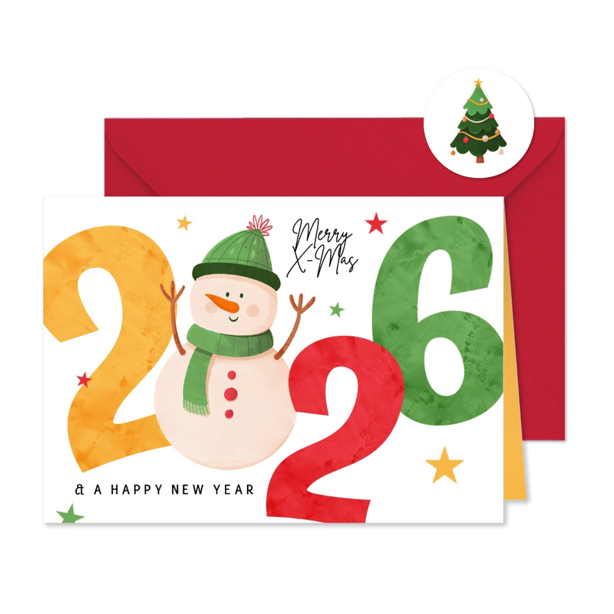 Fröhliche Weihnachtskarte Jahreszahl und Schneemann - Karteneindruck
