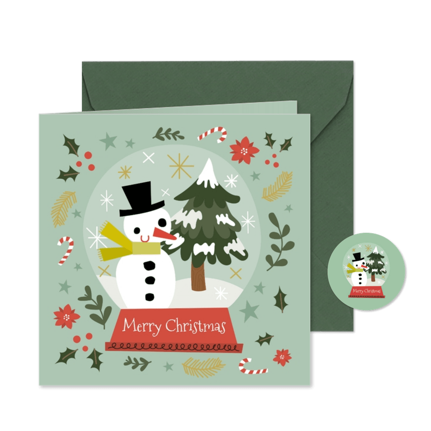 Fröhliche Weihnachtskarte Schneemann und Tannenbaum - Karteneindruck
