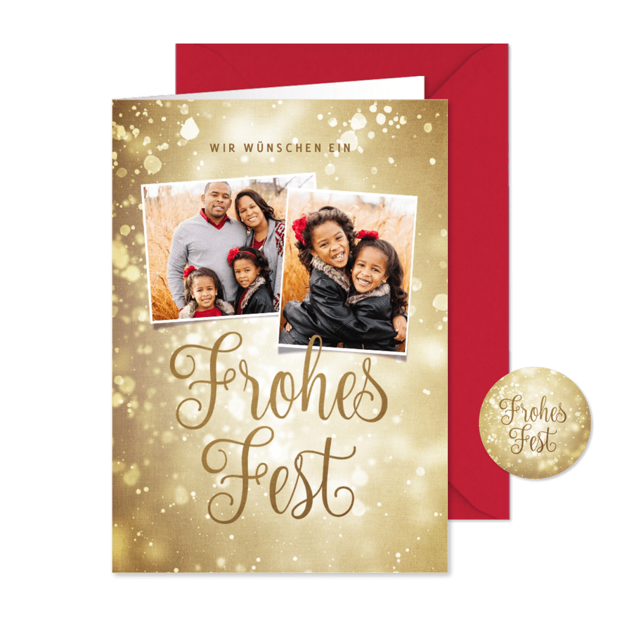 'Frohes Fest' Weihnachtskarte Fotos auf Gold - Karteneindruck
