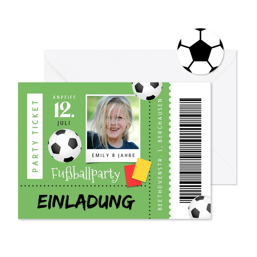 Fußball-Einladung Partyticket mit Foto 12. Kindergeburtstag - Karteneindruck