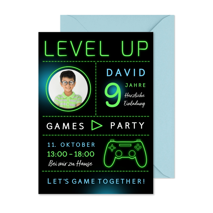Gameparty-Einladung 9. Kindergeburtstag Foto - Karteneindruck

