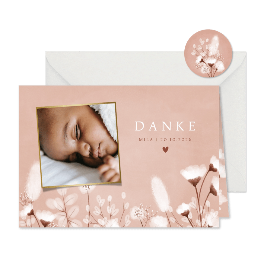 Geburt Dankeskarte Foto und weiße Blumen - Karteneindruck