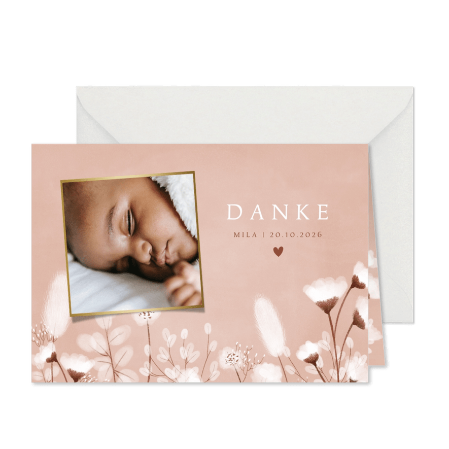 Geburt Dankeskarte Foto und weiße Blumen - Karteneindruck