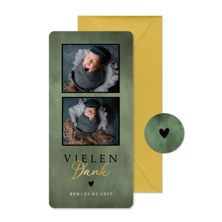 Geburt Dankeskarte zwei Fotos moosgrün - Karteneindruck