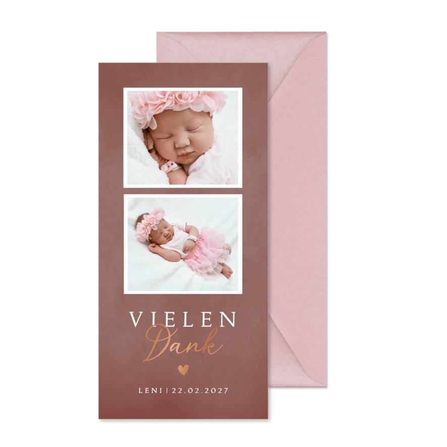 Geburt Dankeskarte zwei Fotos weinrot - Karteneindruck