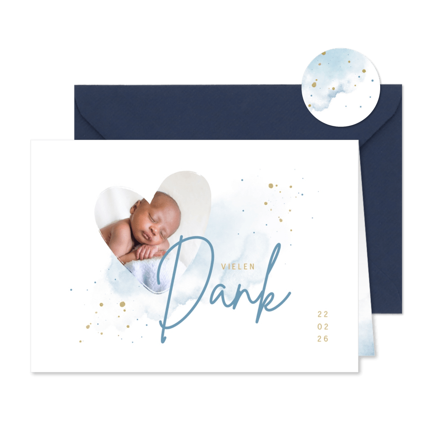 Geburt Danksagung Herz mit Foto hellbau - Karteneindruck