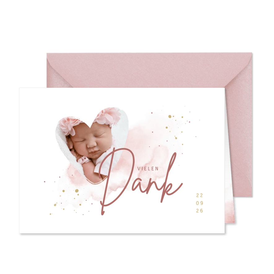 Geburt Danksagung Herz mit Foto rosa - Karteneindruck
