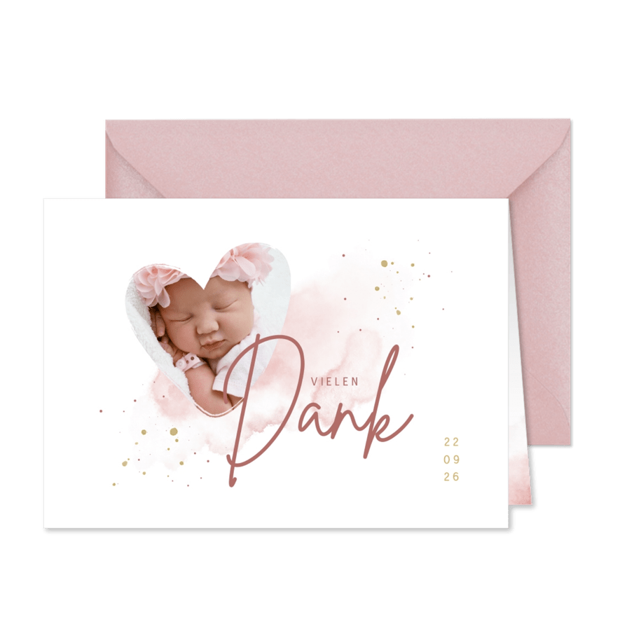 Geburt Danksagung Herz mit Foto rosa - Kartenvorschau