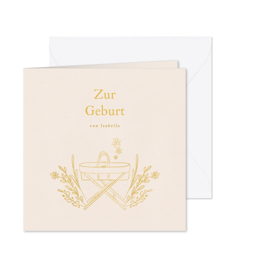 Geburt Glückwunschkarte Babywiege mit Blumen & Gräsern - Karteneindruck