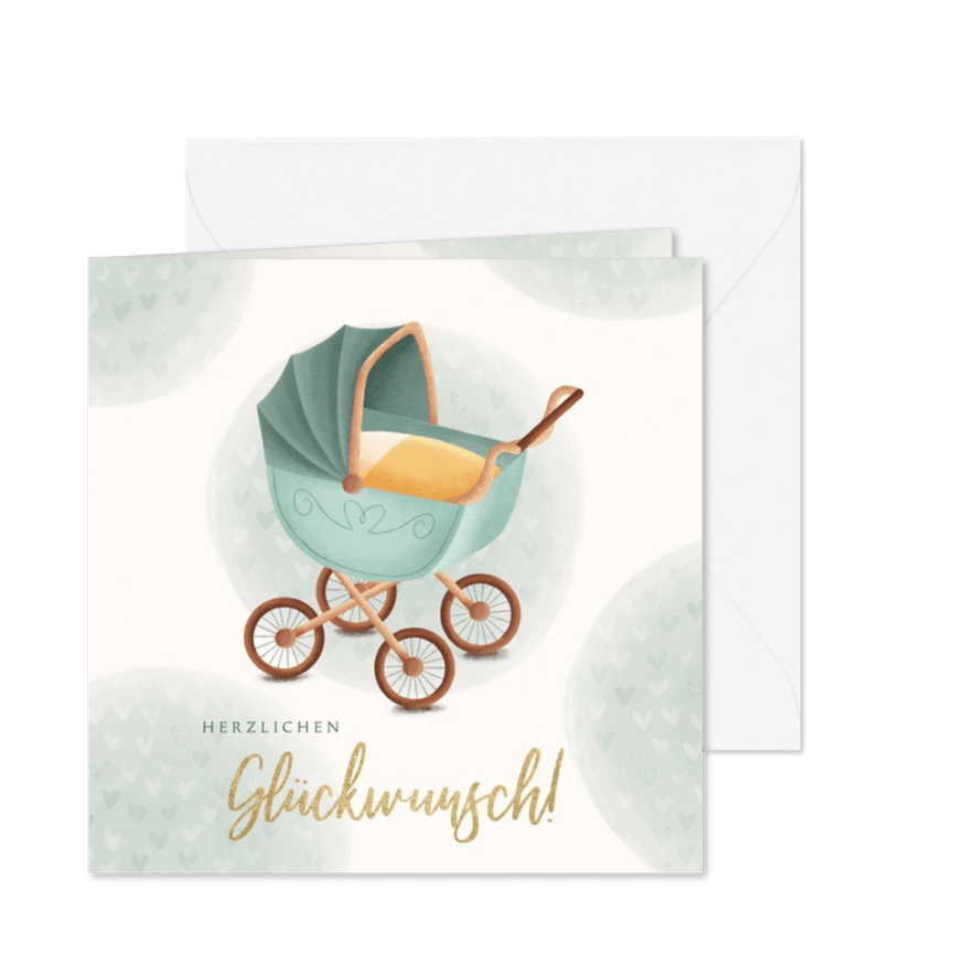 Geburt Glückwunschkarte Kinderwagen grün - Karteneindruck