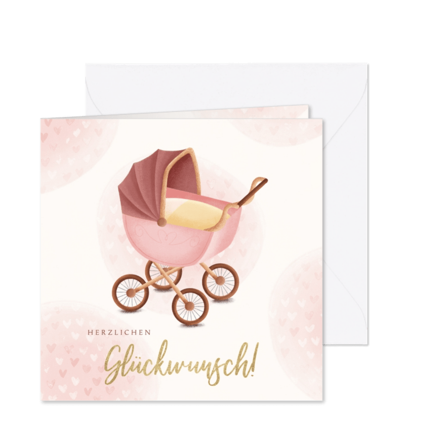 Geburt Glückwunschkarte Kinderwagen rosa - Karteneindruck