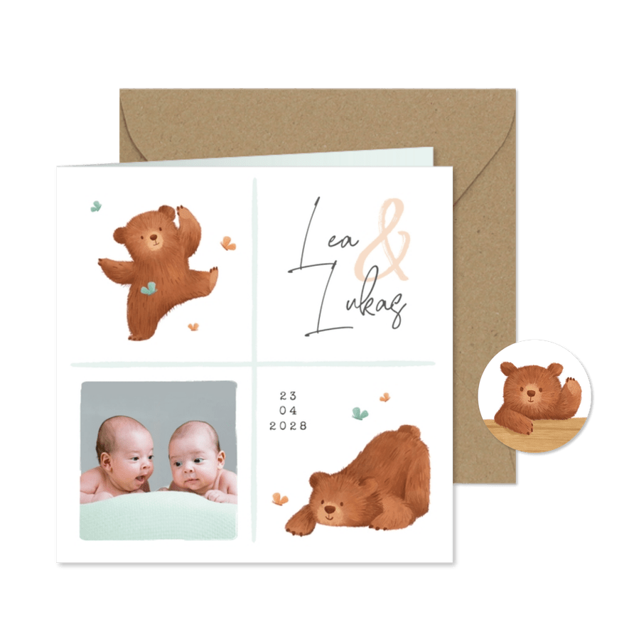 Geburt Zwillingskarte mit Foto & lustige Bärchen - Karteneindruck
