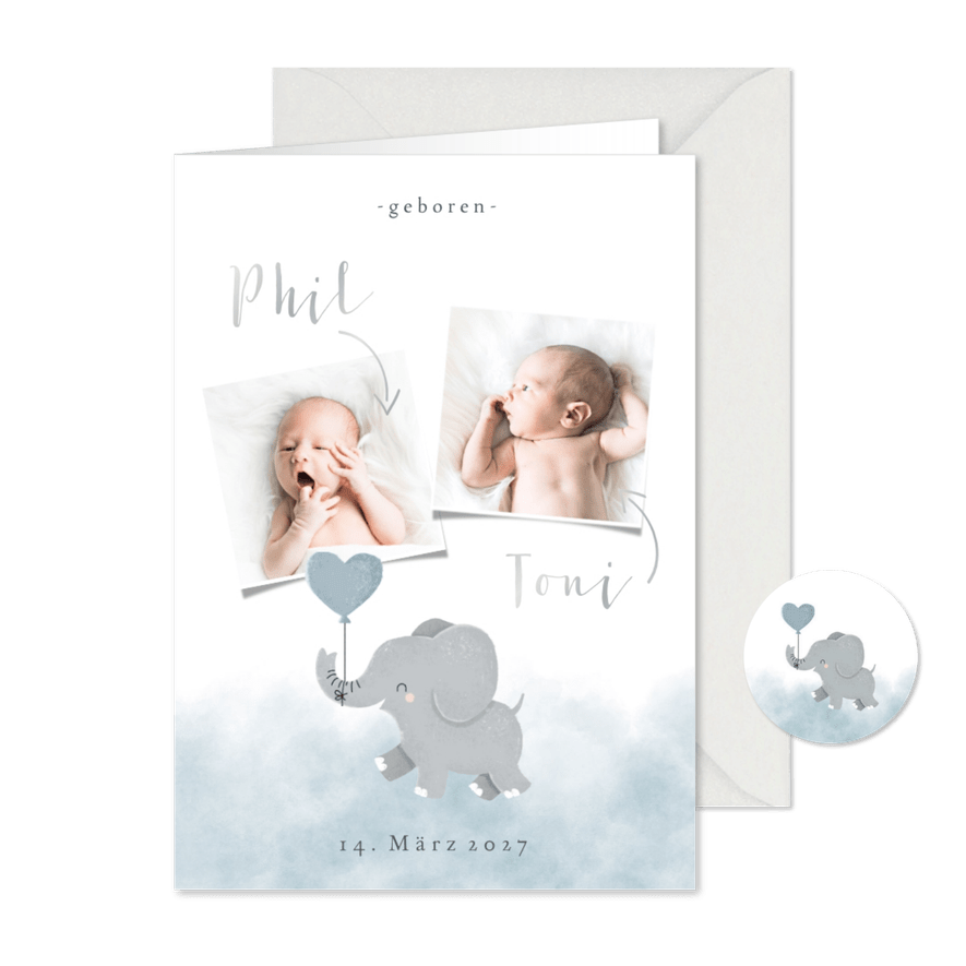 Geburts-Danksagung Zwilling Fotos & hellblauer Elefant - Karteneindruck