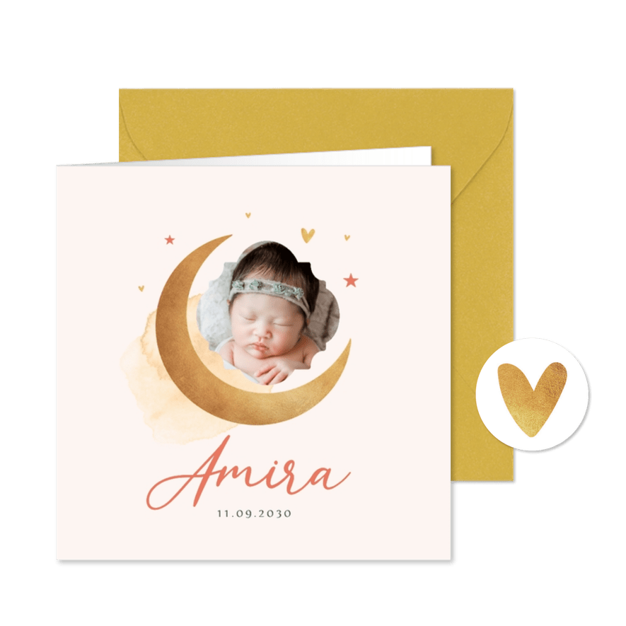 Geburtskarte Aquarell Halbmond in Gold - Karteneindruck
