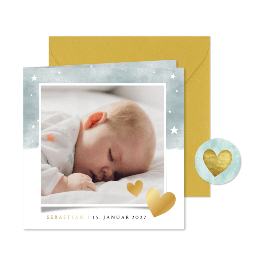 Geburtskarte Auqarelloptik mit Sternen blau und Fotos - Karteneindruck
