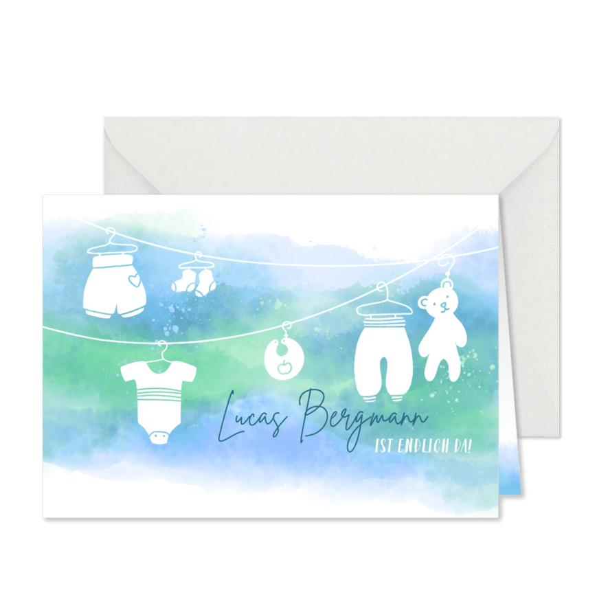 Geburtskarte Babykleidung blau - Karteneindruck