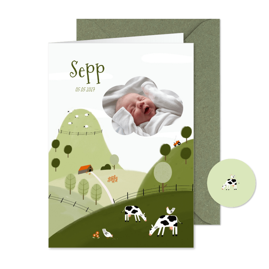 Geburtskarte Bauernhof Tiere grün - Karteneindruck
