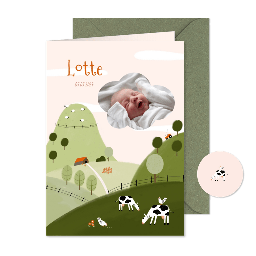 Geburtskarte Bauernhof Tiere rosa - Karteneindruck
